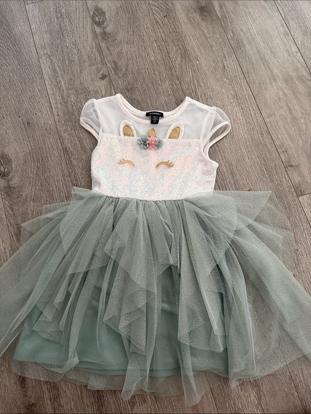 Cat & Jack Sparkle Unicorn Tulle Dress in Sage Green and White